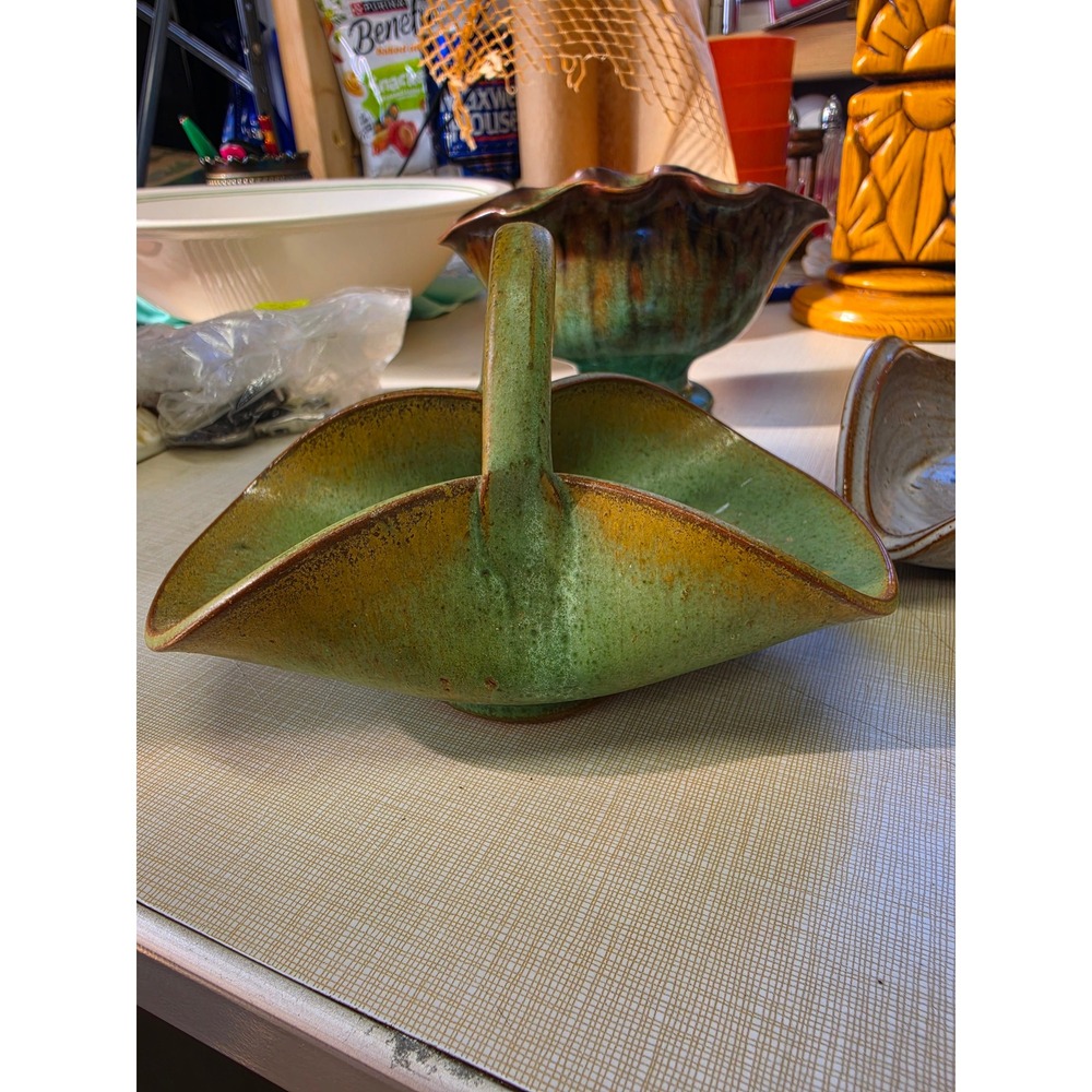 Vintage Studio Pottery Green Glaze Ceramic Basket Bowl Handcrafted Stoneware